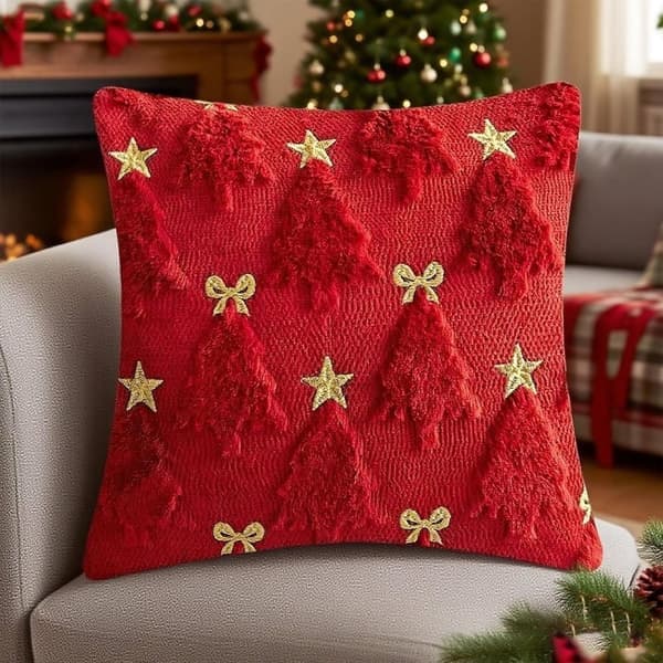 2-pack Juliga Kuddfodral 45×45 cm – Röd Med 3D Broderad Gran, Stjärnor & Rosetter – Vintermys för Soffa & Sovrum – Dolda Dragkedjor