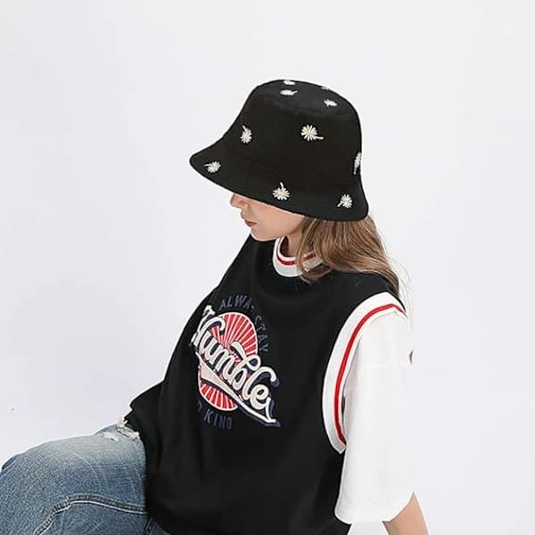 Vendbar Bucket Hat Fiske Solhat til Kvinder Piger, Daisy Sort