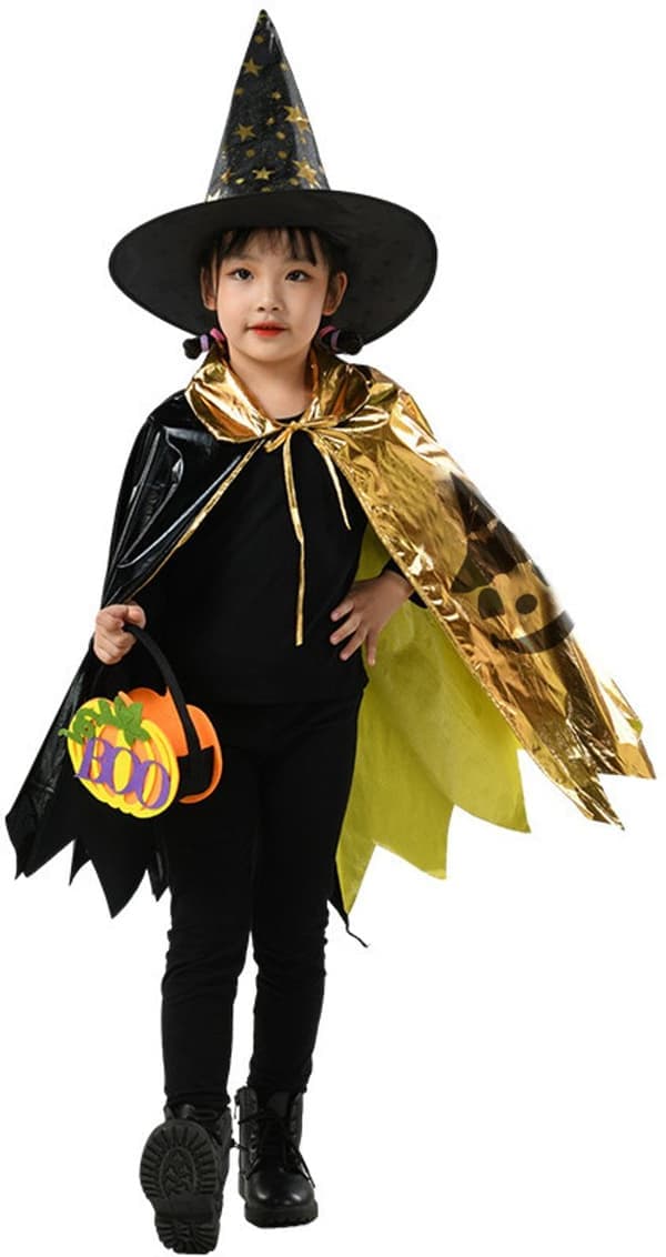Troldmandskappe sæt - Sort og guld stjernemantel - Rollespilskostume til børn - Halloweenudklædning