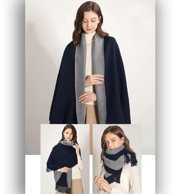Dame Oversized Cashmere Tørklæde, Blødt Varmt Vendbart Vintertørklæde, Marineblå Og Lysegrå, 65 x 190 cm