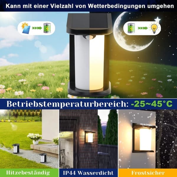 Solbelysning med bevegelsessensor - 2 automatiske moduser for utendørsbelysning | Vanntett IP65 for veggmontering