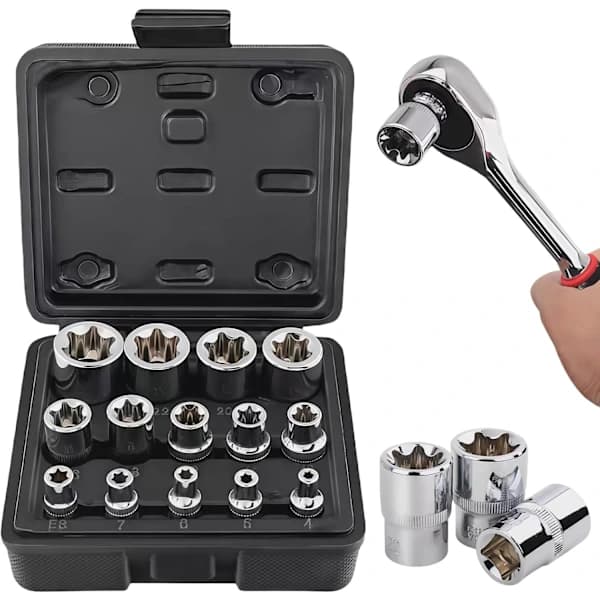 HA~14-delt Torx E-topnøglesæt, 1/2 \", 1/4 \", 3/8 \", Ekstern, E4-E24 Torx E-toppe i CR-V, Skrueudtrækker og mere.