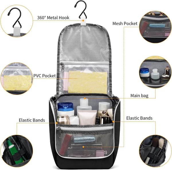 Hængende toilettaske, kosmetikorganizer i polyester med krog, flere rum til rejser og camping, sort, 27 x 22 x 10 cm