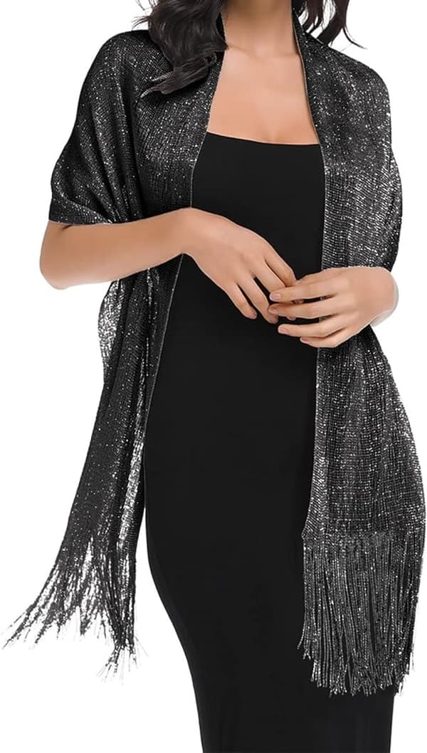 Dame metallisk tørklæde, glitrende polyester-wrap med kvastfrynser og spænde til bryllupper, aftenfester og strandture, sort