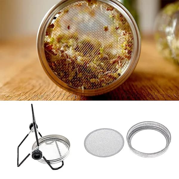 4 stk. Mason Jar-låg, 4 stk. Spirekasse-stativ, Rustfrit Stålsigte, Spirestativ Foldbart Justerbart