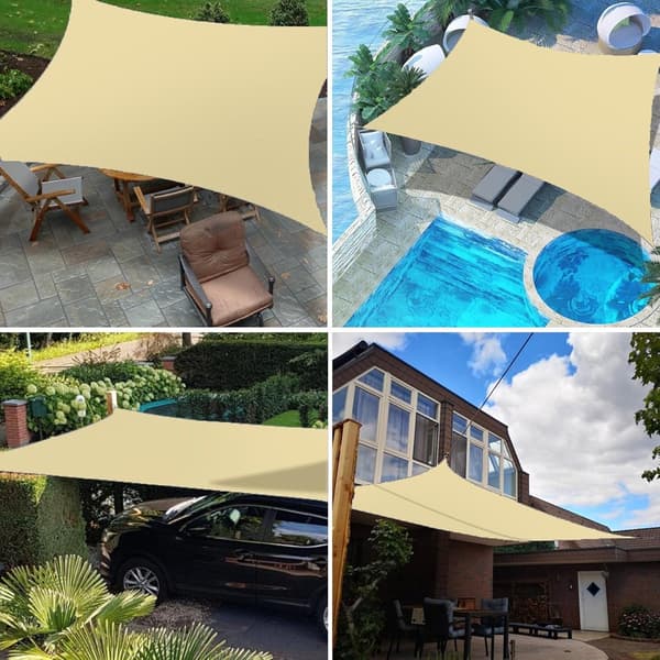 2 x 3m Rektangulært Solsejl, Vandtæt Polyester, UV-resistent, D-ringe i Rustfrit Stål, 4 Reb, Have Terrasse Pool, Beige