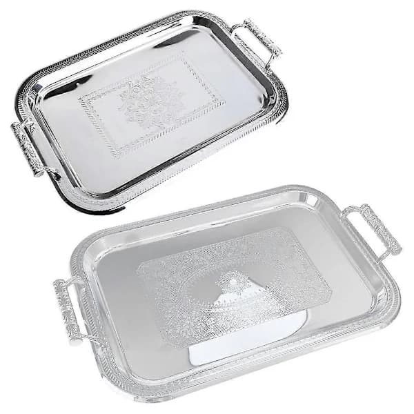 HA~Nordisk Serveringsbrett i Rustfritt Stål med Håndtak Elegant Rektangulær Kaffe Bar Mat Holder Dessert Display Tallerken Dekor Sølv S
