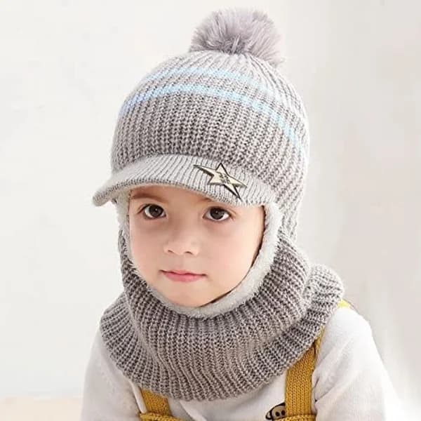 Vintervarm strikket fleece lue for barn med skjermhette E