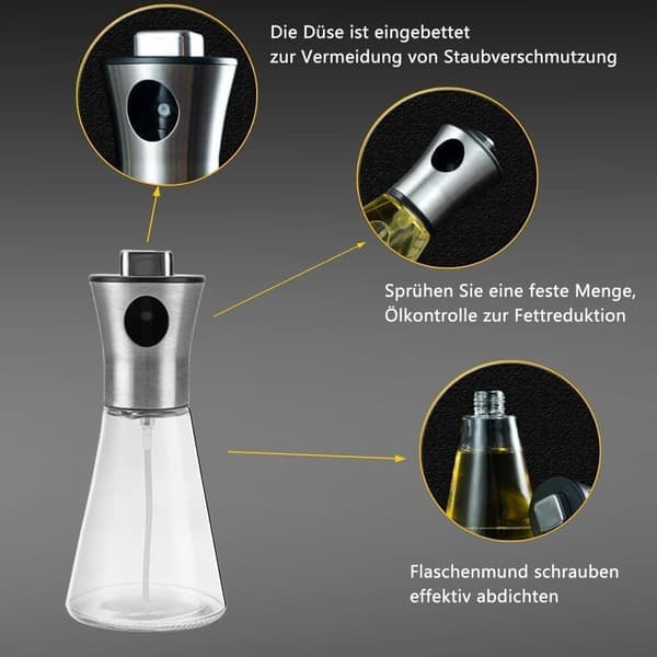 Oliesprayflaske 200 ml i rustfrit stål og glas, konisk design til madlavning, grill og bagning