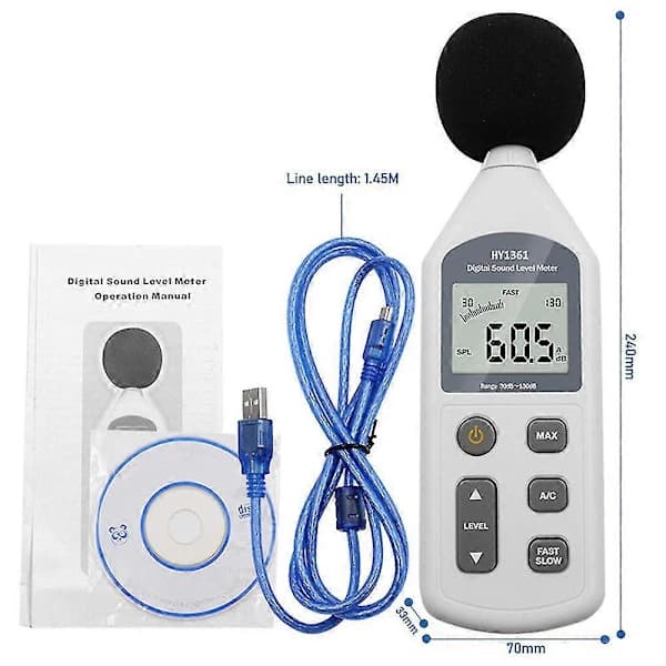 HA~LCD Digital Lydmåler 30-130dBA Lydniveau Måleudstyr