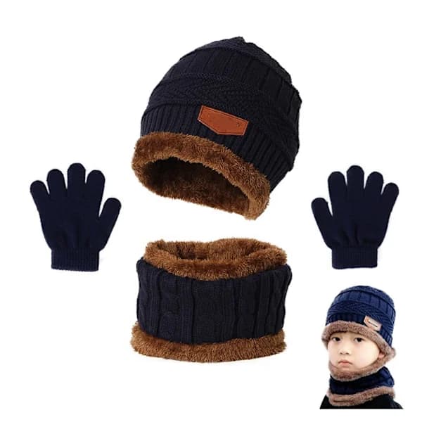 Barn Strikket Lue Skjerf Vinterhansker Halsvarmer med Dobbel Fleece
