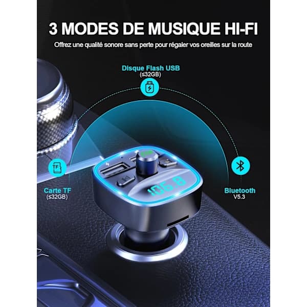 HA~Bluetooth Bilsæt, Bluetooth 5.3 FM-sender Radioadapter Musikafspiller Trådløst Bluetooth-sæt, Håndfri opkald