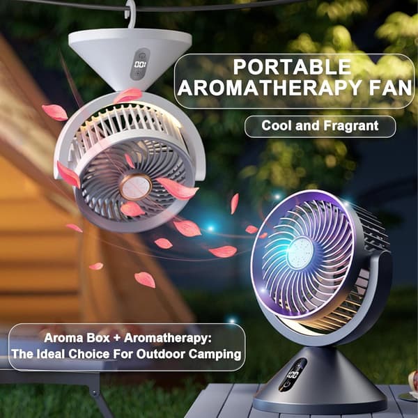 Bærbar bordventilator, 100 hastigheder, 720° rotation, støjsvag USB-ventilator med LED-lampe og aromaterapi, til kontor, soveværelse, camping, lilla
