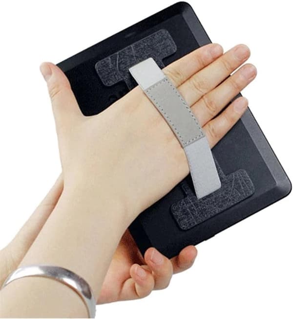 Universal tablet håndrem, selvklæbende I-formet elastisk skridsikkert greb til iPad e-læsere, enhåndsbetjening, sort grå