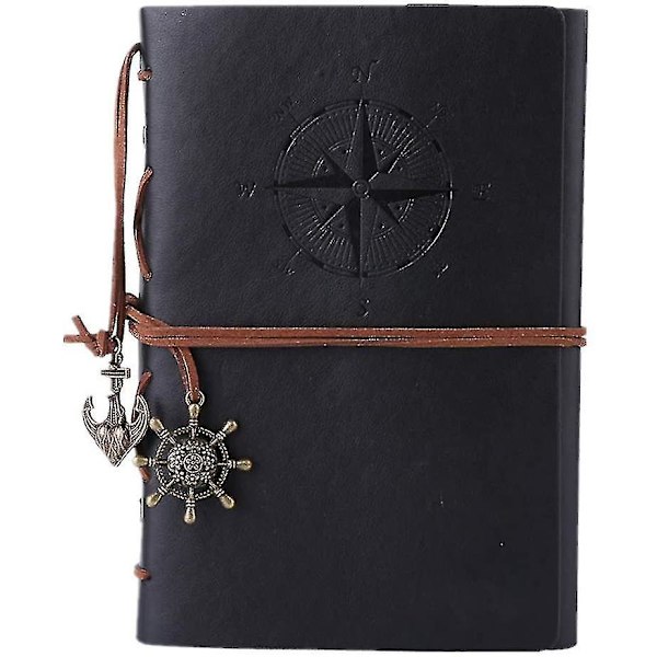 Läderjournal, Vintage Spiral Notebook Påfyllningsbar Daglig Planerare Präglad Resedagbok Med Tomma Sidor Och Vintage Hänge (svart)