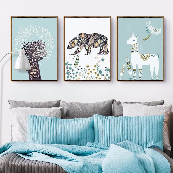Wekity Cartoon Deer Bear Väggkonst Canvas Tryck Affisch, Enkelt Mode Vattenfärg Konst Ritning Dekor för Hem Vardagsrum Sovrum Kontor och Barn