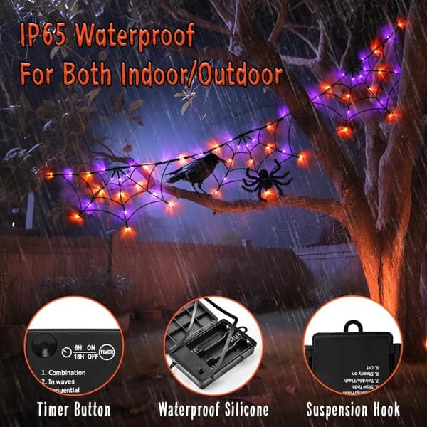 Halloween Spindelvev 1.8m Med 60LED - Batteri/USB Timer 8 Lysmoduser