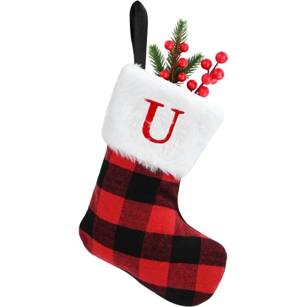 Christmas Socks 7 Inch Xmas Socks Red Scotland Plaid Classic Christmas Socks with Letters Faux Fur Plush Cuff Pendant Socks