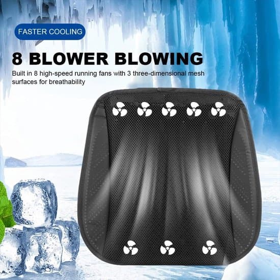 Ventileret sædehynde med 8 ventilatorer, 3 blæserhastigheder, USB-strøm og åndbart net til bil og kontor, blå, 43 x 43 cm