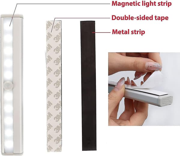 2-pack LED-nattlampor med rörelsesensor, skåpbelysning, LED-list, självhäftande, drivs med AAA-batterier (ingår ej)