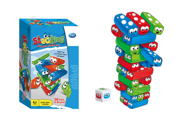 30 kpl tasapainottava palikkapeli noppatarroilla, interaktiivinen perhejuhlapeli 1–3 pelaajalle Stacking Blocks
