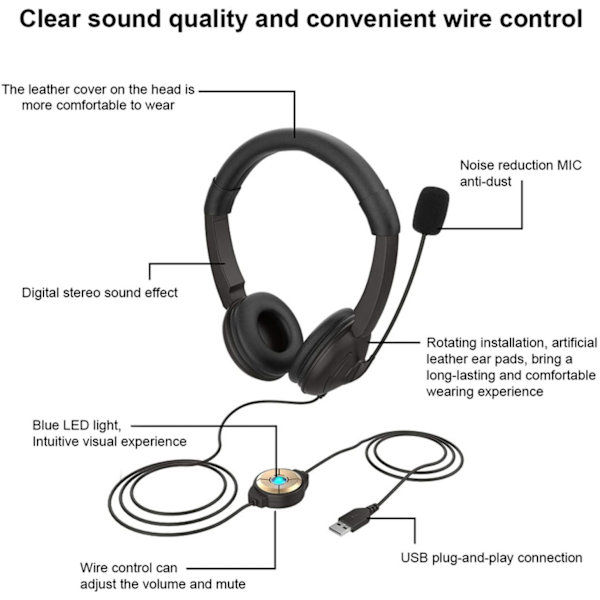 Datorheadset med mikrofon 9D Stereo Headset USB, ZQKLA