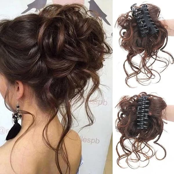 Hårknut med klämma, hårknut, lockig hårscrunchie med hår, chignon voluminös hårknut, rörig knut förlängning Mörkbrun