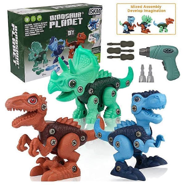 3-pakks dinosaurleke elektrisk drill demontering og montering barnas dinosaurleke pedagogisk leke