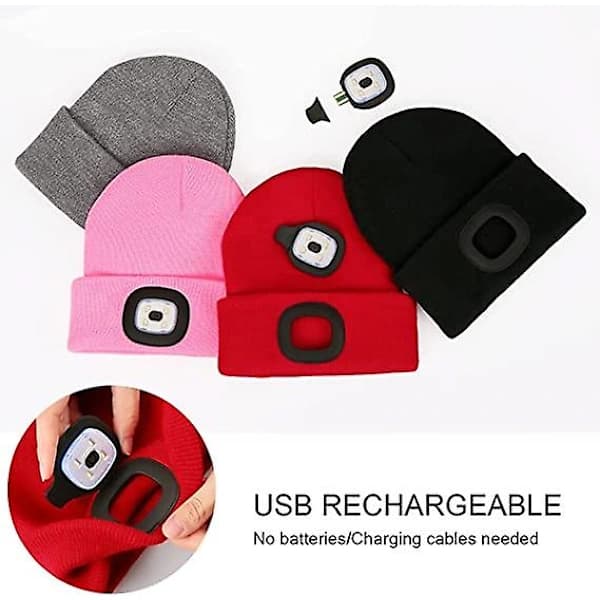 LED-hattu lapsille, USB-ladattava handsfree-LED-otsalamppu, talvihattu yövalolla, taskulamppu, vaaleanpunainen
