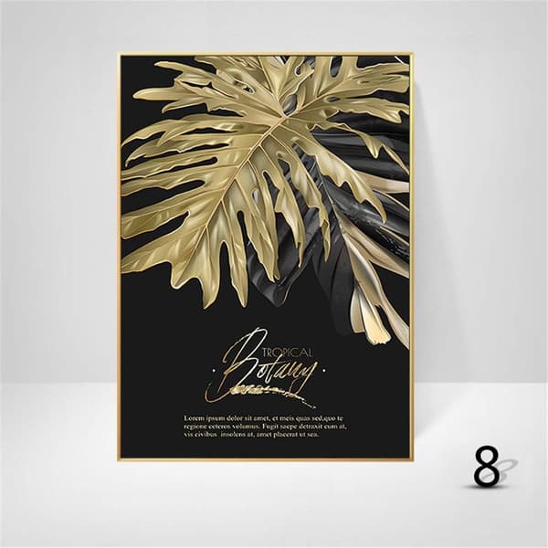 Set med 3 designade väggposters med skog, guldblad, palmträd, ram
