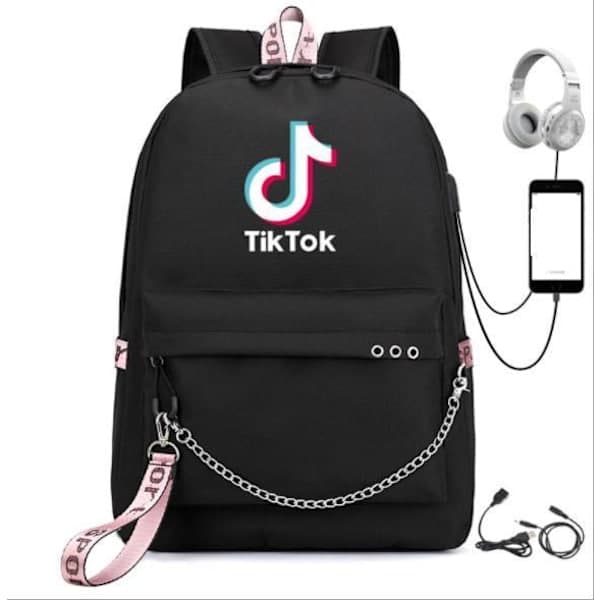 farver TIK-Tok Rygsæk vandtæt skoletaske USB Hovedtelefonstik Sort Sort Sort