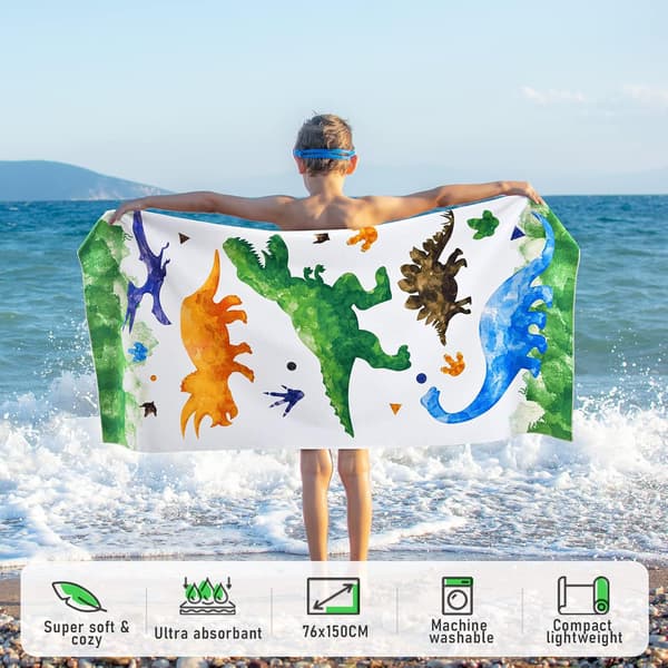 Dinosaur badehåndklæde - Akvarel Dino 70 x 150 cm Polyester Campinghåndklæder til drenge Børn Hurtigtørrende U