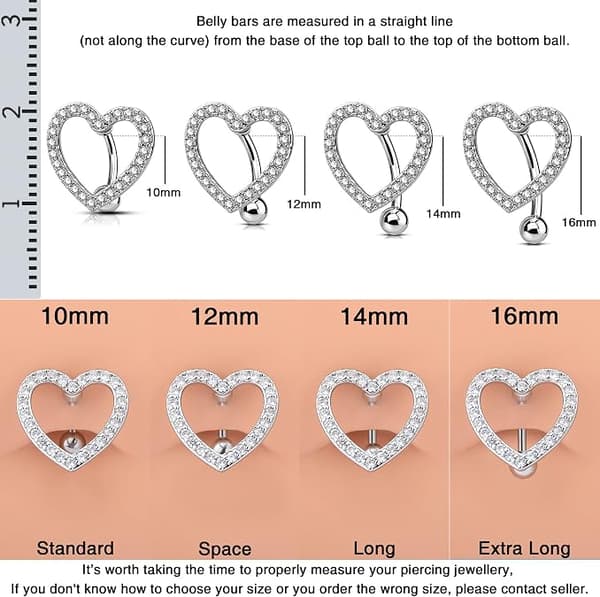 Navlepiercing, hjerteformet navlering med omvendt design, Pavé CZ krystall B