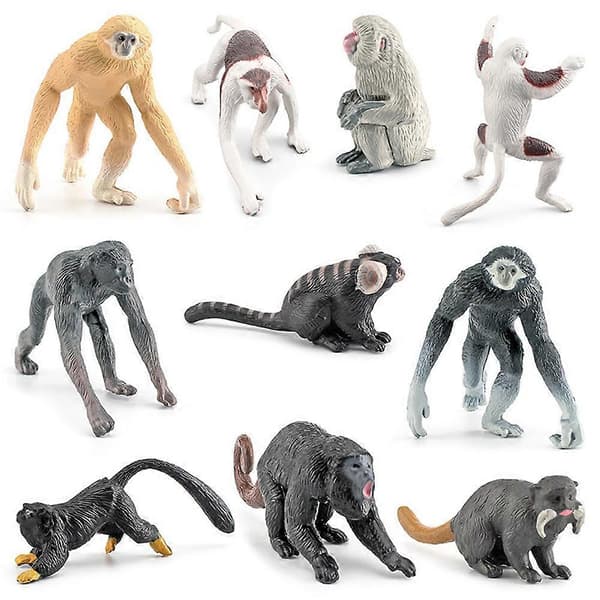 10 stk. realistiske primatfigurer, simulerede dyrefigurer, pædagogisk legetøj til børn
