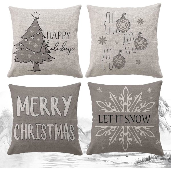 4 grå julepudebetræk, julepudebetræk pude