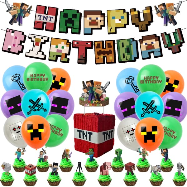38-delt Minecraft bursdagsfestsett, sett, bursdagsdekorasjon, gratulerer med dagen, sett