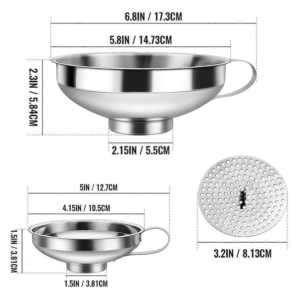 3-pack Konservtratt 3-i-1 Trattset i Rostfritt Stål Bred Mun Trattar med