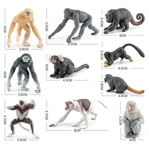 10 stk. realistiske primatfigurer, simulerede dyrefigurer, pædagogisk legetøj til børn