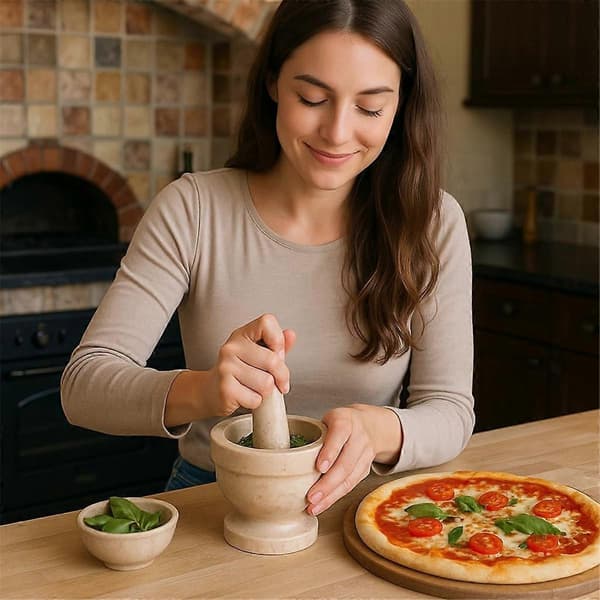 Morter og støter i champagnemarmor, krydderkvern hvitløkspresse, beige