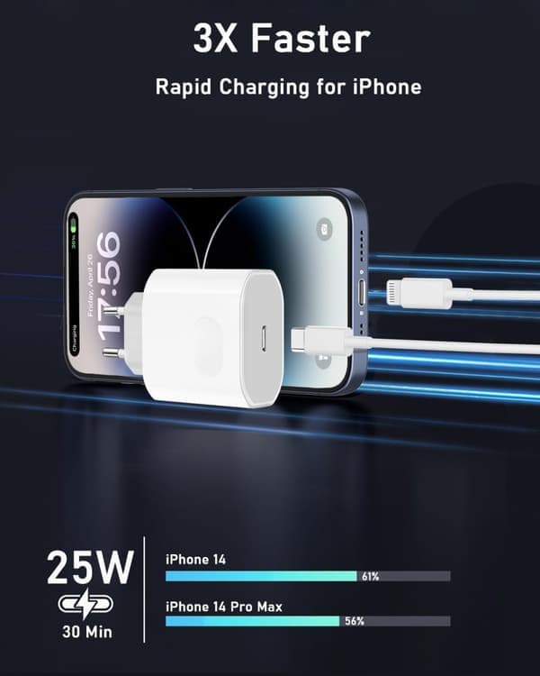 Hurtigoplader til iPhone 14/14 Pro/14 Pro Max / 14 Plus 13 12 11, 20W Original USB C Strømadapter, Hurtigopladningsstik med 2m Kabel