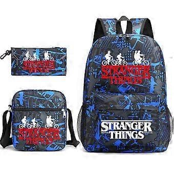 Stranger Things Ryggsäck 3-delat set Student Skolväska Canvasväska (Blått mönster)