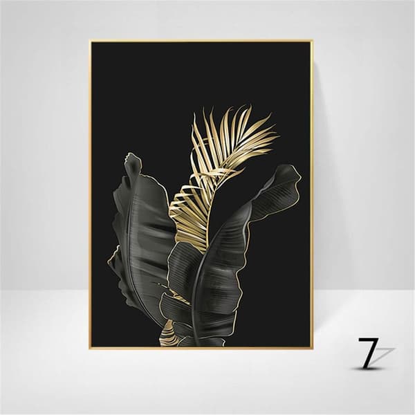 Set med 3 designade väggposters med skog, guldblad, palmträd, ram