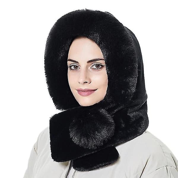 Vinter varm pelshat med øreklapper til kvinder, tyk hætte, vindtæt, blød og fluffy hat til damer i russisk stil, sort
