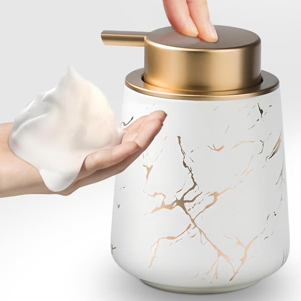 Keramisk sæbedispenser til skum og lotion med let trykpumpe, hvid, 12,5x8,5 cm