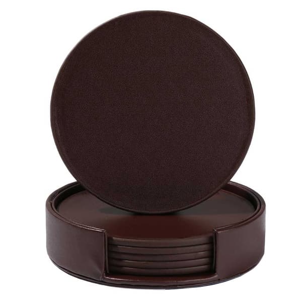 Brune Coasters PU Læder 6-pak med Holder brun