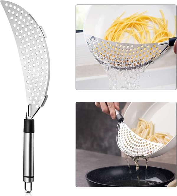 Pastasil med håndtak, halvmåneformet sil i rustfritt stål