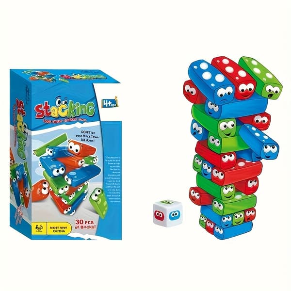 30 kpl tasapainottava palikkapeli noppatarroilla, interaktiivinen perhejuhlapeli 1–3 pelaajalle Stacking Blocks