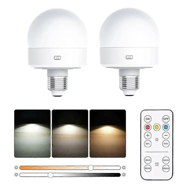 2 stk E27 Ladbare Lyspærer med 3 Fargetemperaturer, Bordlampe med Fjernkontroll og Timer
