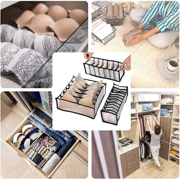 Underklädeslåda Organizer - 3-pack Vikbar Garderobsavdelare - Förvaringslåda för Underkläder och Strumpor för Låda Grå