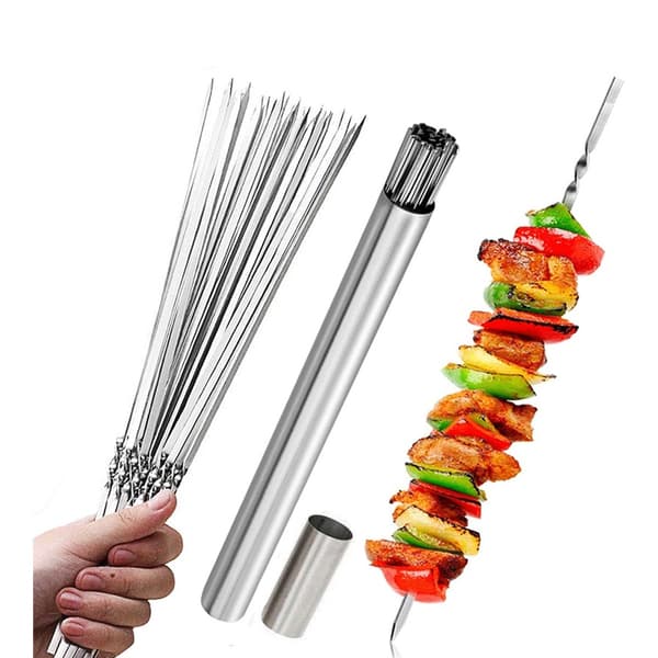 15 stk. grillspyd i rustfrit stål sæt med opbevaringsrør, genanvendelige flade grillpinde til kebab og camping